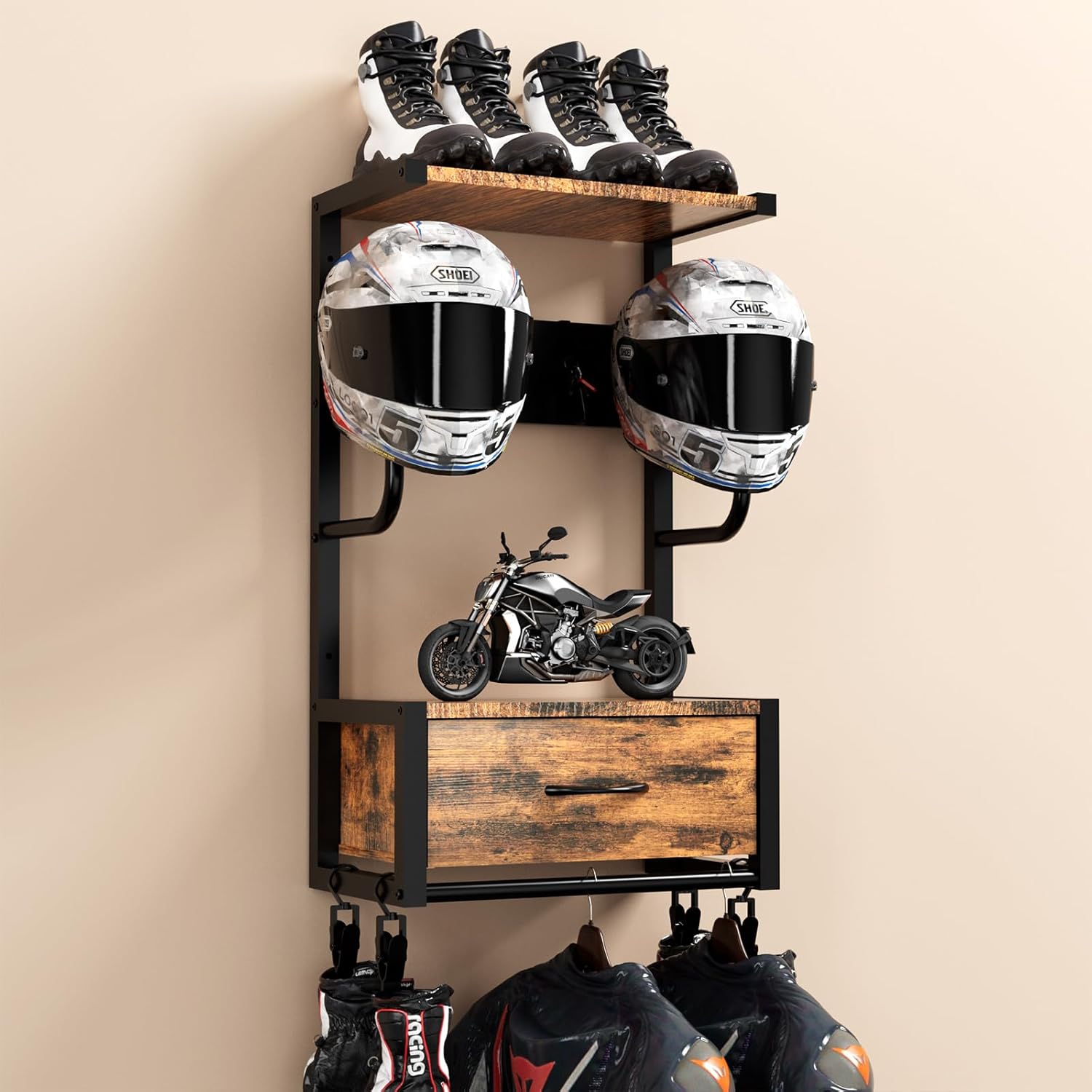 Cycling Gear Organiser - Motorcycle Helmet Holder, Wall-Mounted Rack With